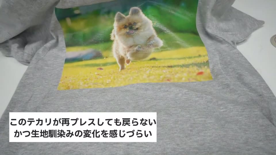 グレーのTシャツに全面転写紙でプリントした犬の写真。ブラックシリコンシートを重ねた上半分に光沢が出ている