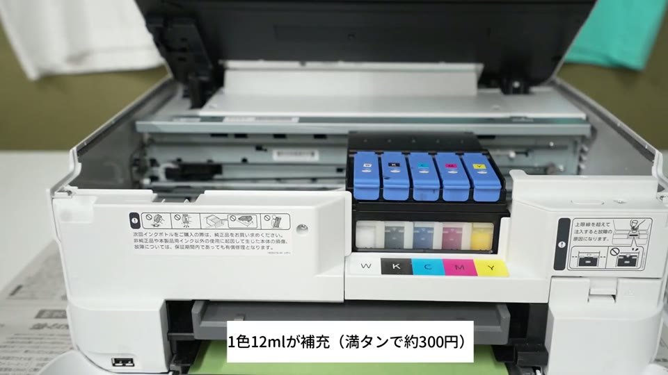 小型DTF A4機の前面を開け、W・K・C・M・Yの5色のインクタンクが並んでいる様子