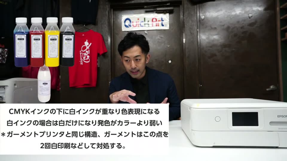 CMYKインクの下に白インクが重なり色表現になる、白インクの場合は白だけになり発色が弱いと説明するテロップ