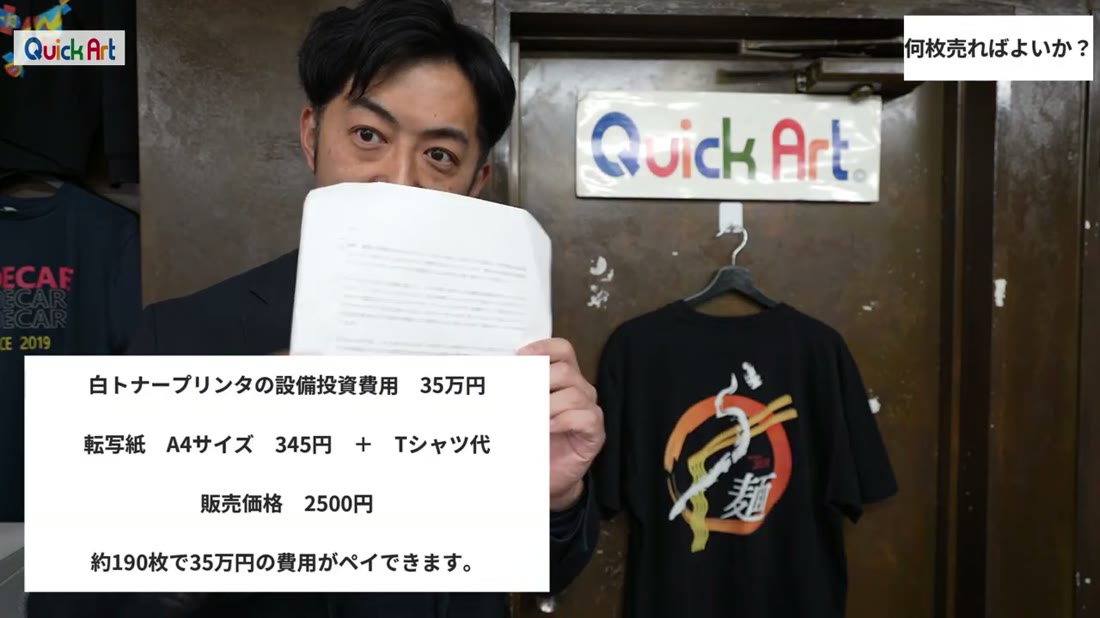 白トナープリンタの設備投資35万円、転写紙A4 345円、販売価格2500円で約190枚でペイできるというテロップ