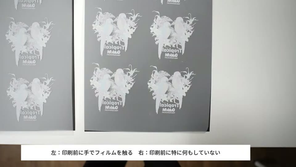 黒い紙の上にパウダーを付けたフィルム2枚を並べ、印刷前に手で触ったものと何もしなかったものの余白を比べている様子