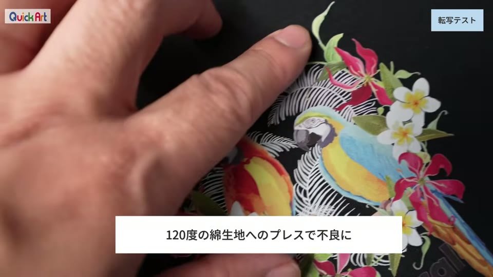 黒の綿Tシャツに転写した鳥のイラストを指で示している様子。120度の綿生地へのプレスで不良にというテロップ