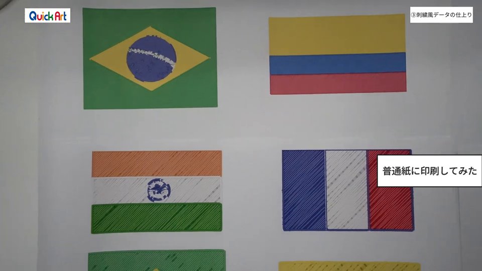 刺繍風に変換した国旗を普通紙に印刷したもの。斜めの糸目が見える