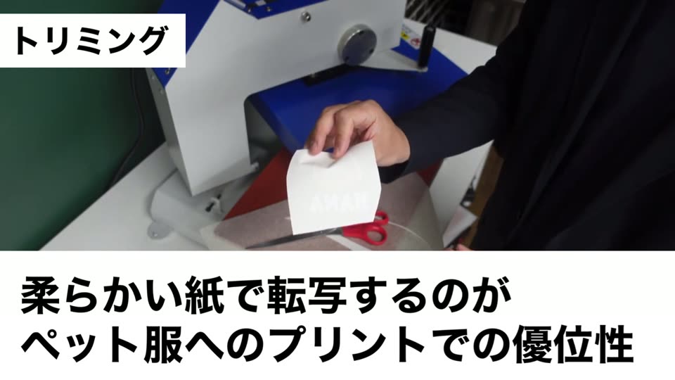 ハサミで切り分けた小さなマークを手に持っている。柔らかい紙で転写するのがペット服へのプリントでの優位性というテロップ
