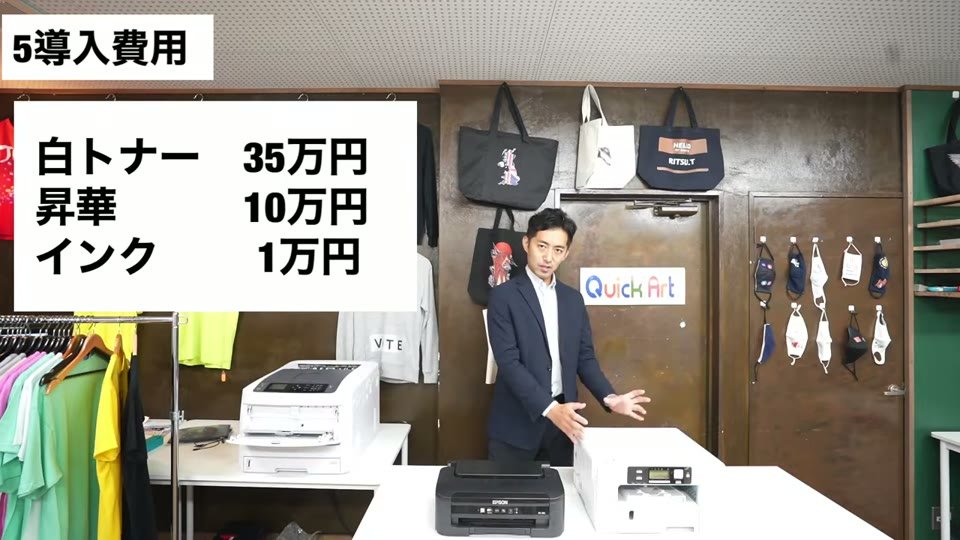白トナープリンタとプレス機が並ぶショールームで、白トナー35万円、昇華10万円、インク1万円というテロップ