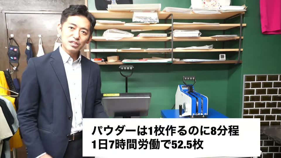 プレス機の前で説明する様子と、パウダーは1枚作るのに8分程、1日7時間労働で52.5枚というテロップ