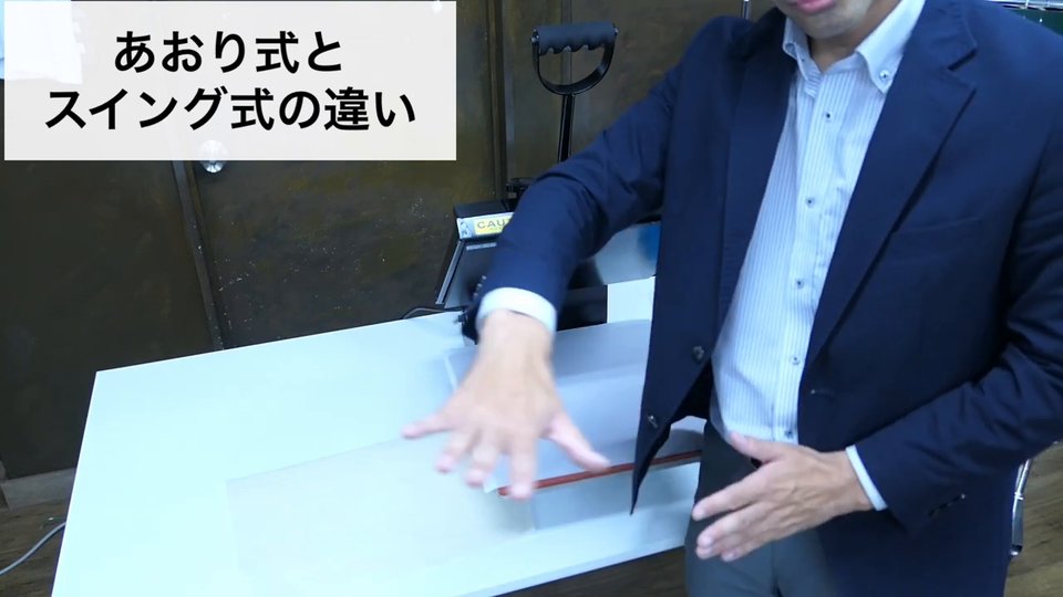 手の動きで、あおり式は上ゴテが奥から手前へ閉じることを説明している。テロップ:あおり式とスイング式の違い