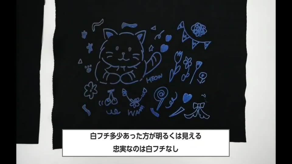 白フチありと白フチなしの2枚の黒い生地のプリントを並べたものと、白フチ多少あった方が明るくは見える、忠実なのは白フチなし、というテロップ