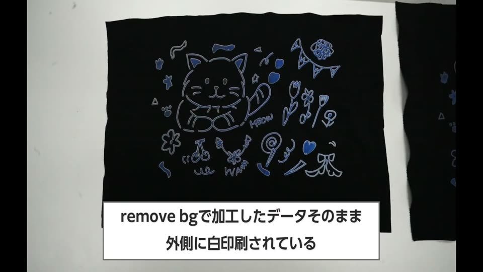 黒い生地に白トナーでプリントした手描きの猫のイラストと、remove bgで加工したデータそのまま外側に白印刷されている、というテロップ