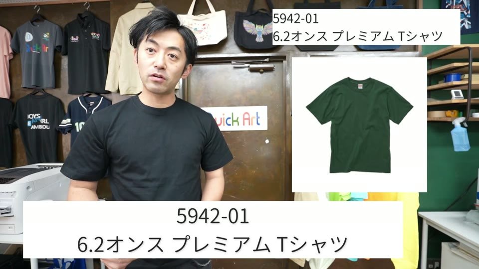 5942-01 6.2オンス プレミアムTシャツ(黒)を着て紹介している様子と、グリーンの商品写真