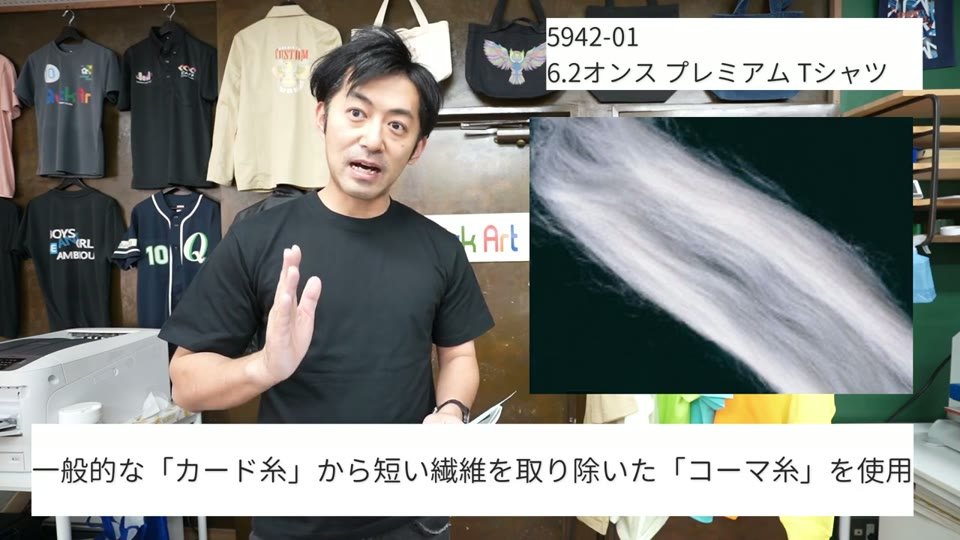 コーマ糸について説明している様子と、繊維を拡大した写真