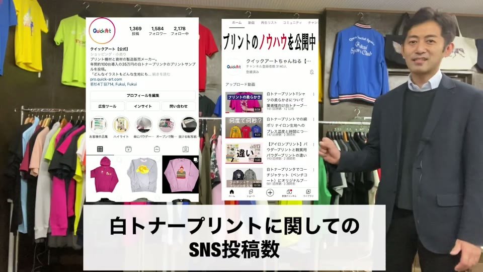 当社のInstagramとYouTubeの画面を並べ、「白トナープリントに関してのSNS投稿数」とテロップが出ている場面
