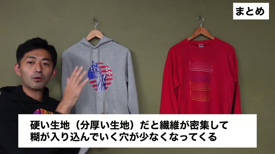 グレーのパーカーにプリントしたイラストに転写紙を当てて説明している様子。硬い生地（分厚い生地）だと繊維が密集して糊が入り込んでいく穴が少なくなってくるとテロップが出ている