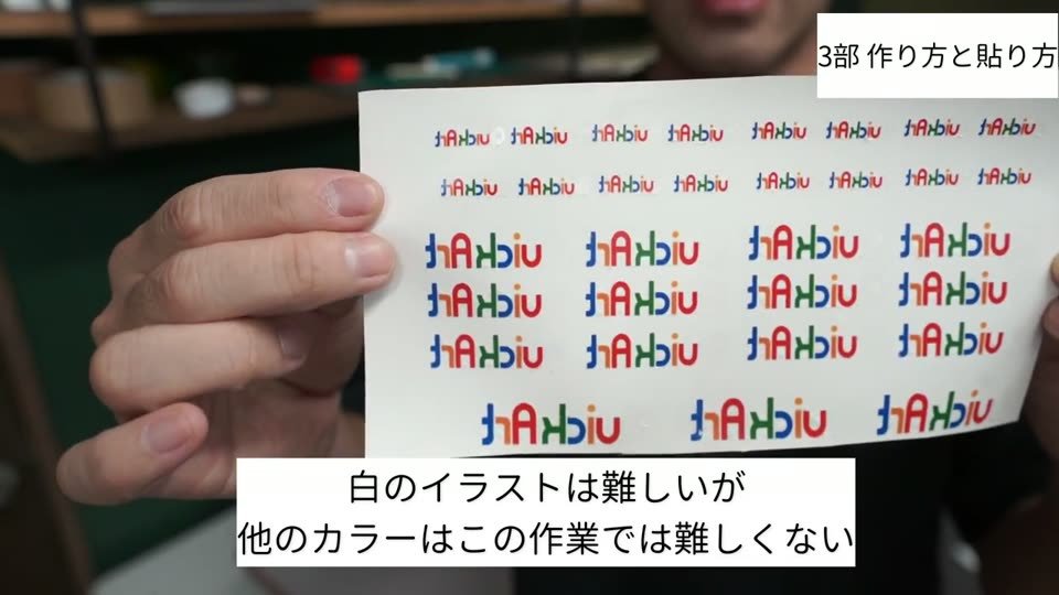 ロゴのイラストをたくさん並べて糊付けしたシート。白のイラストは難しいが他のカラーは難しくないというテロップ