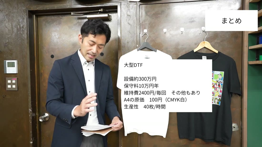 大型DTFの設備約300万円、保守料年10万円、維持費1回2400円、A4の原価100円、生産性1時間40枚を示したテロップ