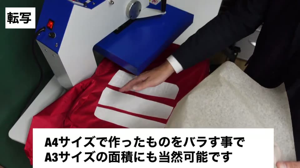 赤いナイロンジャンパーの背中に3つに切り分けた転写マークを並べている様子。テロップはA4サイズで作ったものをバラす事でA3サイズの面積にも当然可能です