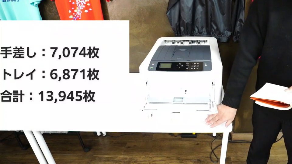 プリンターの横に「手差し:7,074枚 トレイ:6,871枚 合計:13,945枚」のテロップが出ている様子