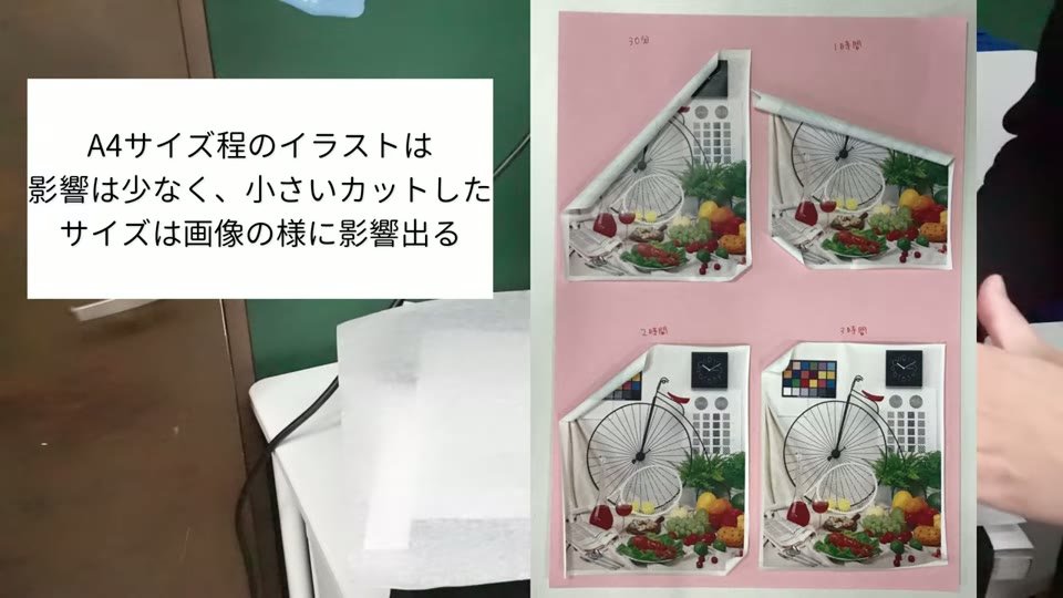 印刷から剥がすまでの時間を変えたWHS-SOFTの小さな見本。小さくカットしたものは大きく丸まっている。「A4サイズ程のイラストは影響は少なく、小さいカットしたサイズは画像の様に影響出る」のテロップ